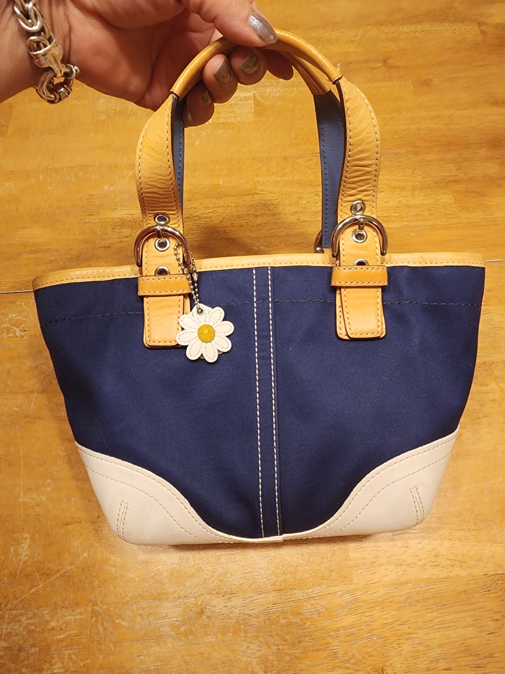 vintage 2003 Y2K Coach Soho Hampton mini canvas and leather tote bag in navy